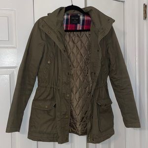 Love Tree army green utility jacket with plaid accented hood, GREAT FOR FALL!